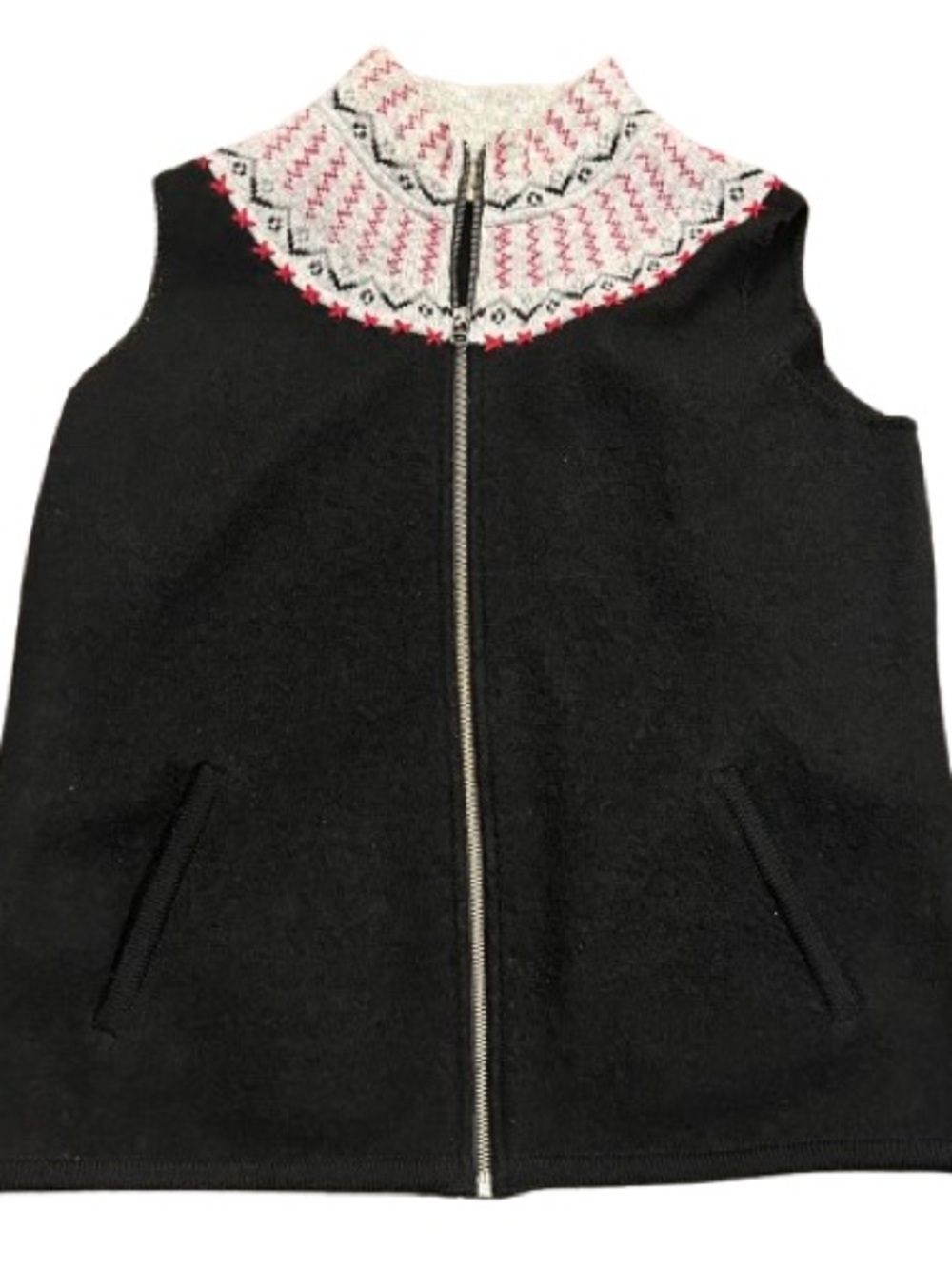 Woolrich Nordic Fair Isle Wool Knit Zip Vest Black Cabincore Cozy Apres Ski L